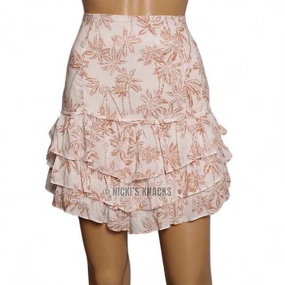 1 State Floral Palm Tree Print Ruffle Mini Skirt Pull On White & Tan Size L - Picture 3 of 11